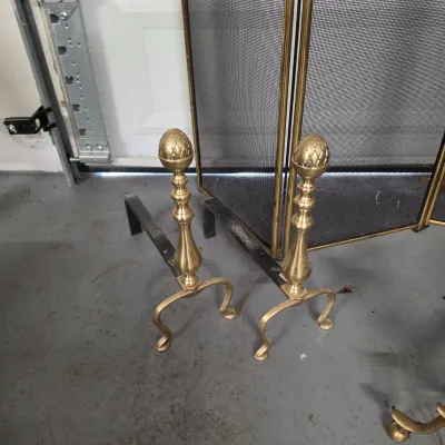 Brass Fireplace Accessories Set w/Folding Screen & Andirons (G-JS)