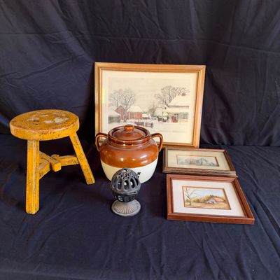 Country Home Decor - Wooden Stool, Boston Baked Bean Pot & More (LR-RG)