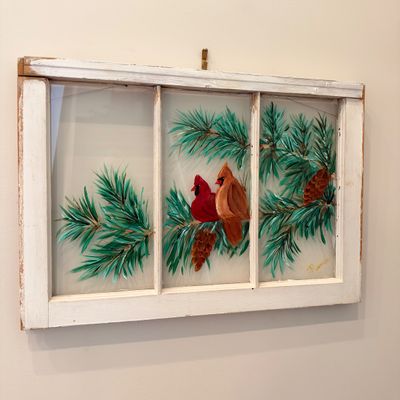 Original Hand-Painted Cardinals on Vintage Window Pane signed Renee (LR-RG