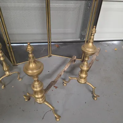 Brass Fireplace Accessories Set w/Folding Screen & Andirons (G-JS)