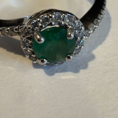 14K White Gold Emerald & Diamond Halo Ring Size 6 (K-RG)