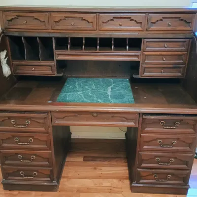 Sale Photo Thumbnail #4: Vintage double-pedestal wooden roll-top desk with marble writing surface
