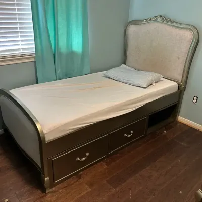 Upholstered Twin Bed With Mattress and Drawers