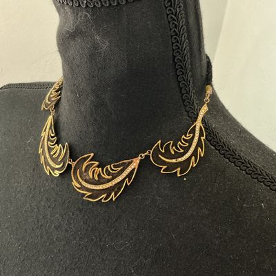 Vintage Gold Tone & Black Enamel Feather Statement Necklace