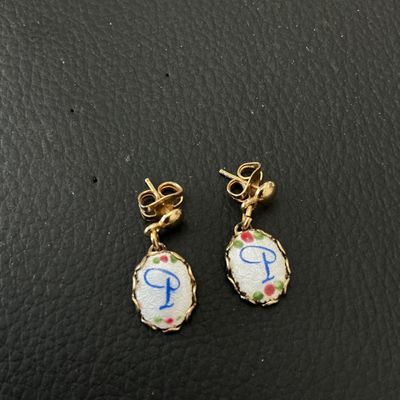 Vintage Gold Tone Initial 'P' Enamel Dangle Earrings