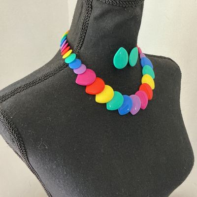 Vintage Multi-Color Plastic Disc Necklace & Matching Earrings Set