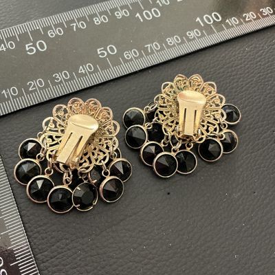 Vintage Gold Tone Filigree & Black Rhinestone Clip-On Earrings