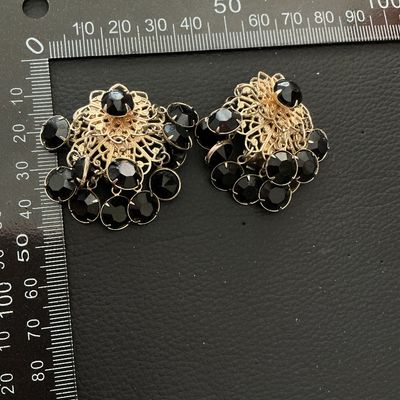 Vintage Gold Tone Filigree & Black Rhinestone Clip-On Earrings