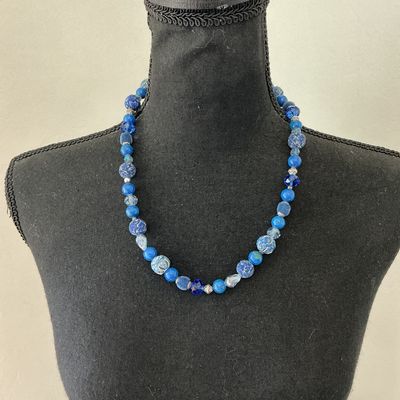 Blue Beaded Single Strand Statement Necklace with Barrel Clasp