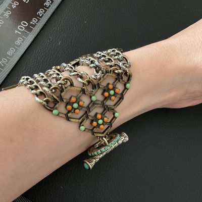 Ornate Enamel Bird Multi-Strand Statement Cuff Bracelet