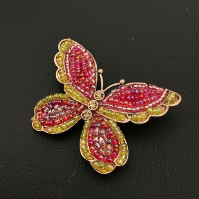 Beaded Butterfly Brooch Pin with Rhinestone Body