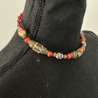 Beaded Choker Necklace with Mixed Glass & Brass Tone Beads