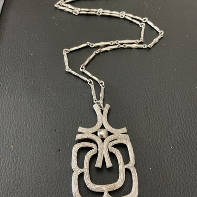 Vintage Mid-Century Modern Silver Tone Abstract Pendant Necklace