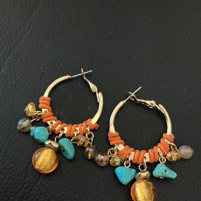 Boho Beaded Hoop Pierced Earrings with Faux Turquoise and Orange Wrap