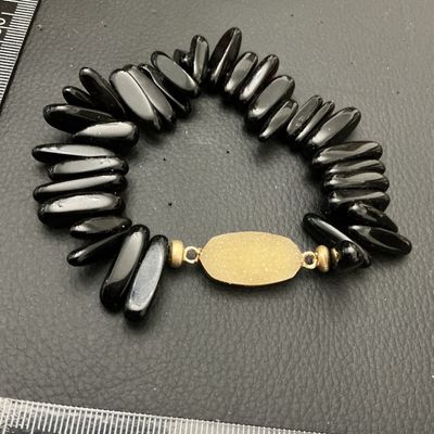 Kendra Scott Style Black Stick Bead Stretch Bracelet with Druzy Focal