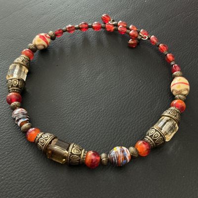 Beaded Choker Necklace with Mixed Glass & Brass Tone Beads