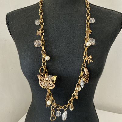 Vintage Style Gold-Tone Butterfly & Pearl Charm Necklace