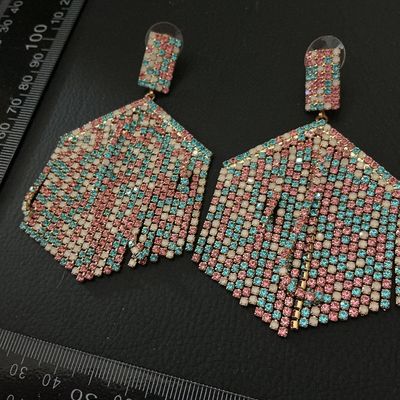 Pink, Turquoise, and White Rhinestone Mesh Statement Dangle Earrings