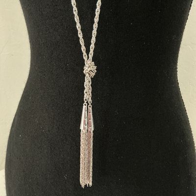 Vintage Silver-Tone Rope Chain Lariat Tassel Necklace