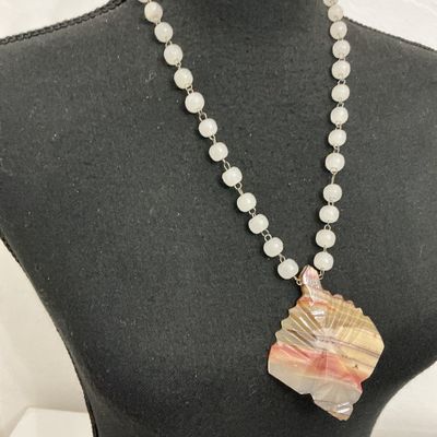 Beaded Statement Necklace with Carved Agate Stone Pendant