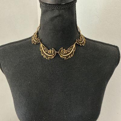 Vintage Gold Tone & Black Enamel Feather Statement Necklace
