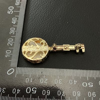 Vintage Gold Tone Banjo Brooch Pin with Mother of Pearl Style Face
