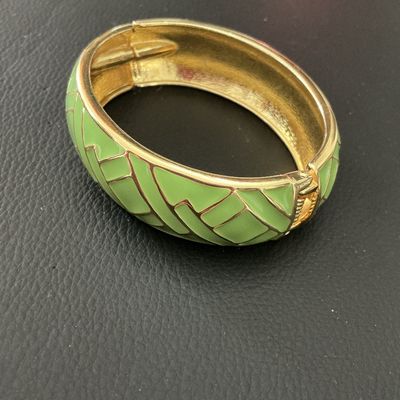 Green Enamel & Gold-Tone Hinged Bangle Bracelet