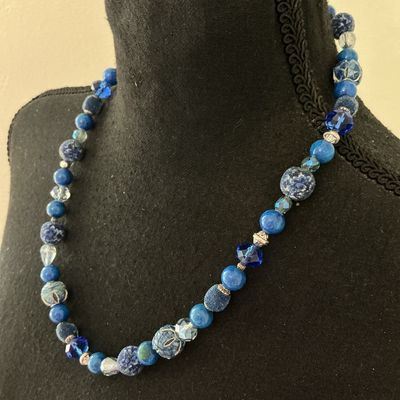 Blue Beaded Single Strand Statement Necklace with Barrel Clasp