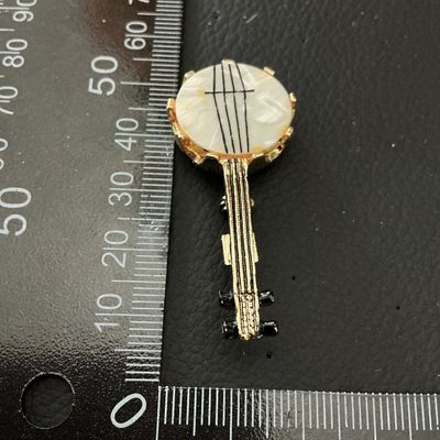 Vintage Gold Tone Banjo Brooch Pin with Mother of Pearl Style Face