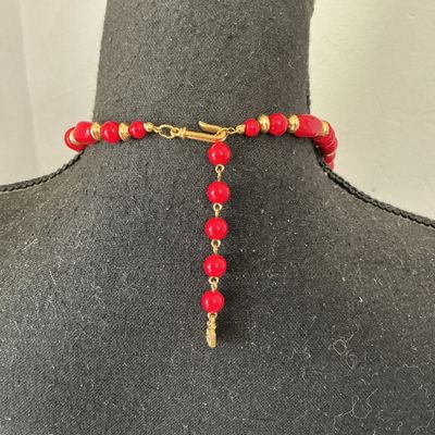 Vintage Red Bead and Gold Tone Spacers Strand Necklace