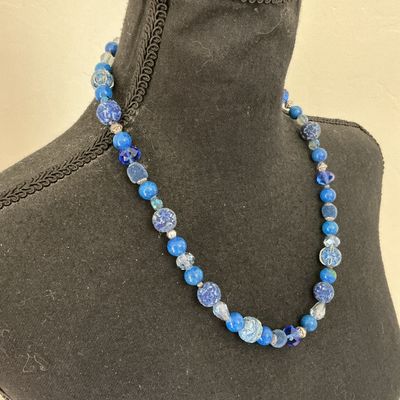 Blue Beaded Single Strand Statement Necklace with Barrel Clasp