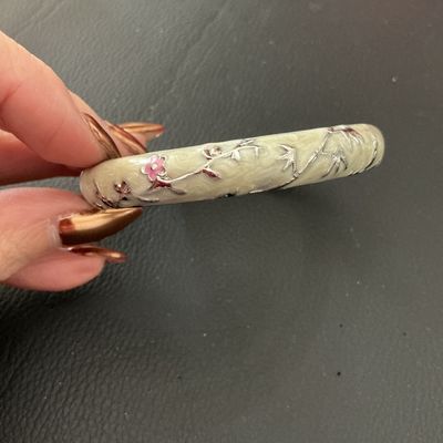 Cream Enamel Hinged Bangle Bracelet with Cherry Blossom Motifs