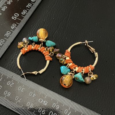 Boho Beaded Hoop Pierced Earrings with Faux Turquoise and Orange Wrap