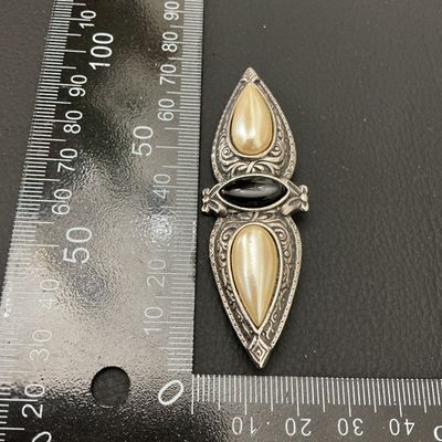 Vintage Silver-Tone Faux Pearl & Black Cabochon Bar Brooch Pin