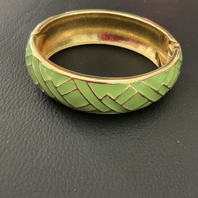 Green Enamel & Gold-Tone Hinged Bangle Bracelet