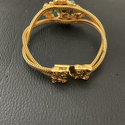 Vintage Gold Tone Rope Chain Cuff Bracelet with Green Stone Centerpiece