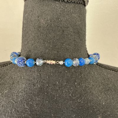 Blue Beaded Single Strand Statement Necklace with Barrel Clasp