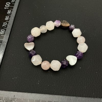 beaded Stretch Bracelet with Amethyst, Quartz, and Shell Hearts