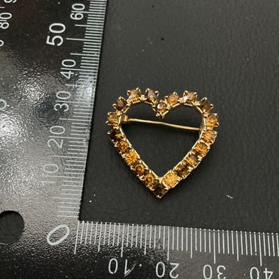 Vintage Gold Tone Amber Rhinestone Heart Brooch