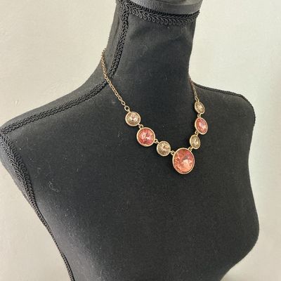 Gold-Tone Rhinestone Statement Necklace with Peach & Champagne Crystals