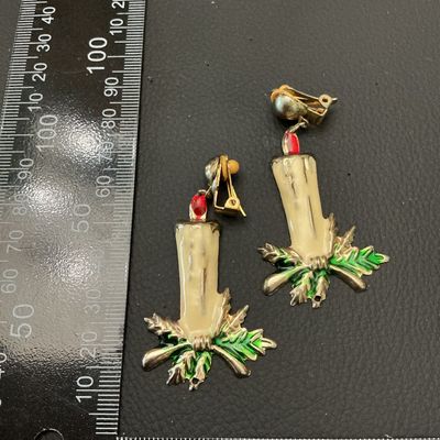Vintage Christmas Candle Clip-On Dangle Earrings