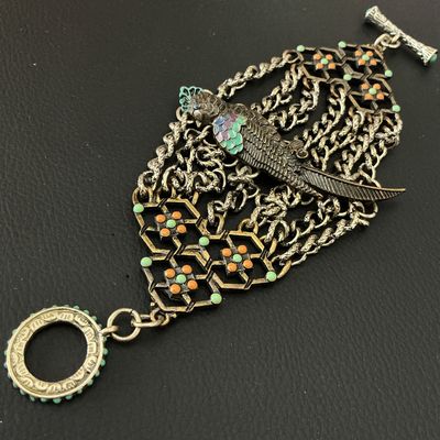 Ornate Enamel Bird Multi-Strand Statement Cuff Bracelet