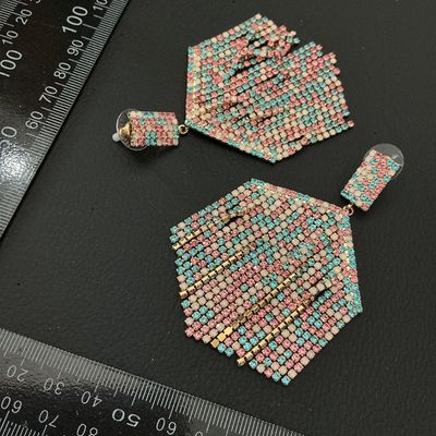 Pink, Turquoise, and White Rhinestone Mesh Statement Dangle Earrings