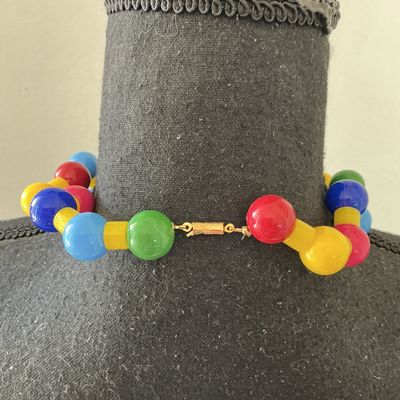 Vintage Colorful Molded Plastic Molecular Bead Statement Necklace