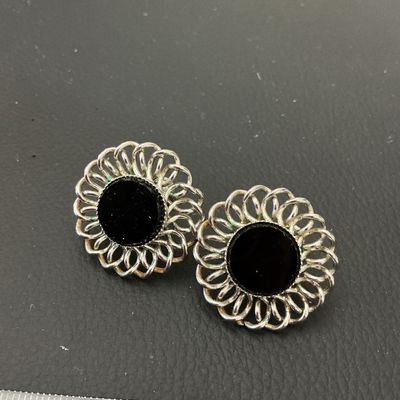 Vintage Silver-Tone Screw-Back Wire-Loop Earrings with Black Inset