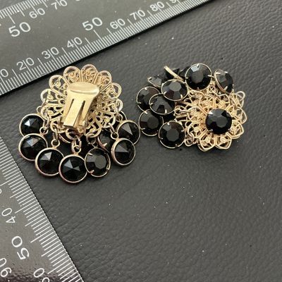 Vintage Gold Tone Filigree & Black Rhinestone Clip-On Earrings