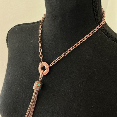 Elle Copper-Tone Greek Key Ring and Tassel Pendant Necklace