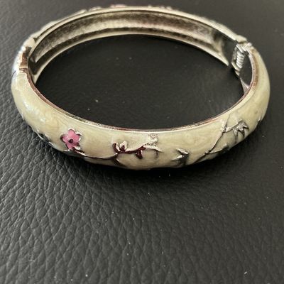 Cream Enamel Hinged Bangle Bracelet with Cherry Blossom Motifs