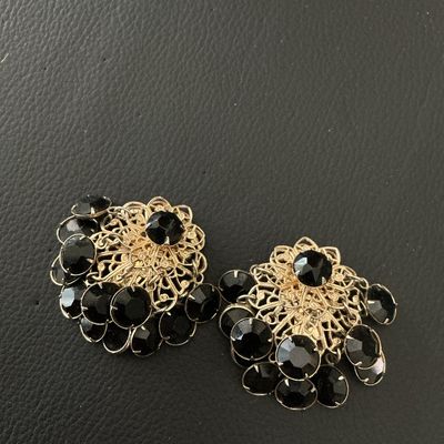 Vintage Gold Tone Filigree & Black Rhinestone Clip-On Earrings