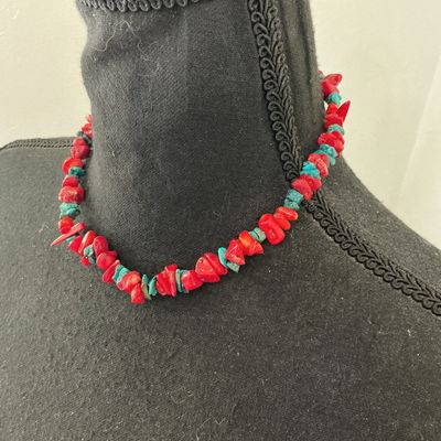 Red Coral and Turquoise Style Chip Bead Necklace